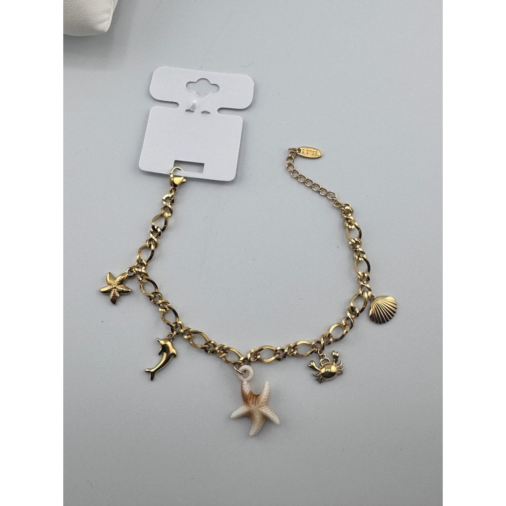 14k Gold Plated Stainless Steel Sea Life Charm Bracelet Starfish‎ Dolphin Crab